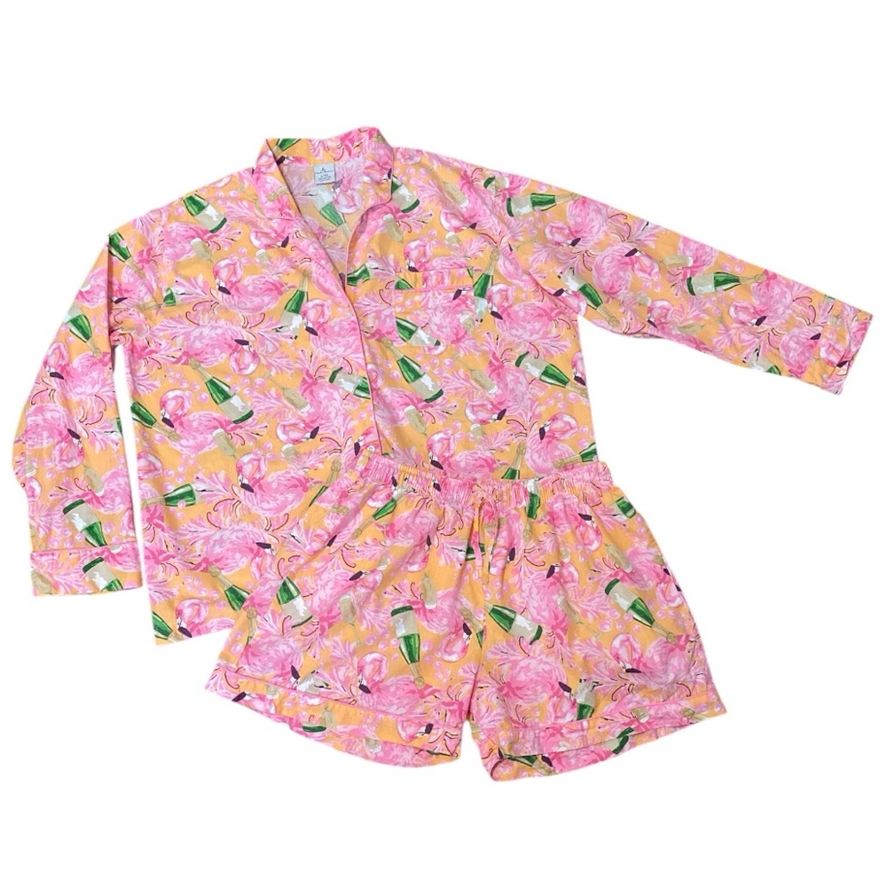 8 Oak Lane Flamingo Bubbly Long Sleeve Cotton Shorts Set Button-up Top Size L/XL - Picture 4 of 12
